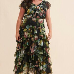Pankaj and Nidhi Anthropology Black Floral Ruffle Midi Dress 2X New
